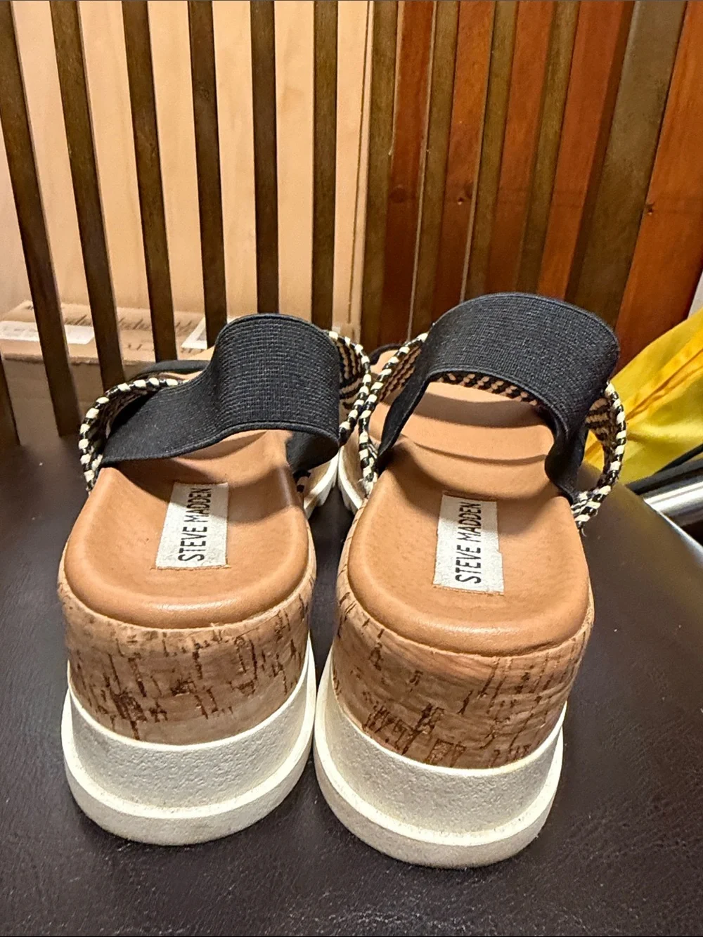 Steve Madden Black and Tan Woven Ankle-Strap Sandals